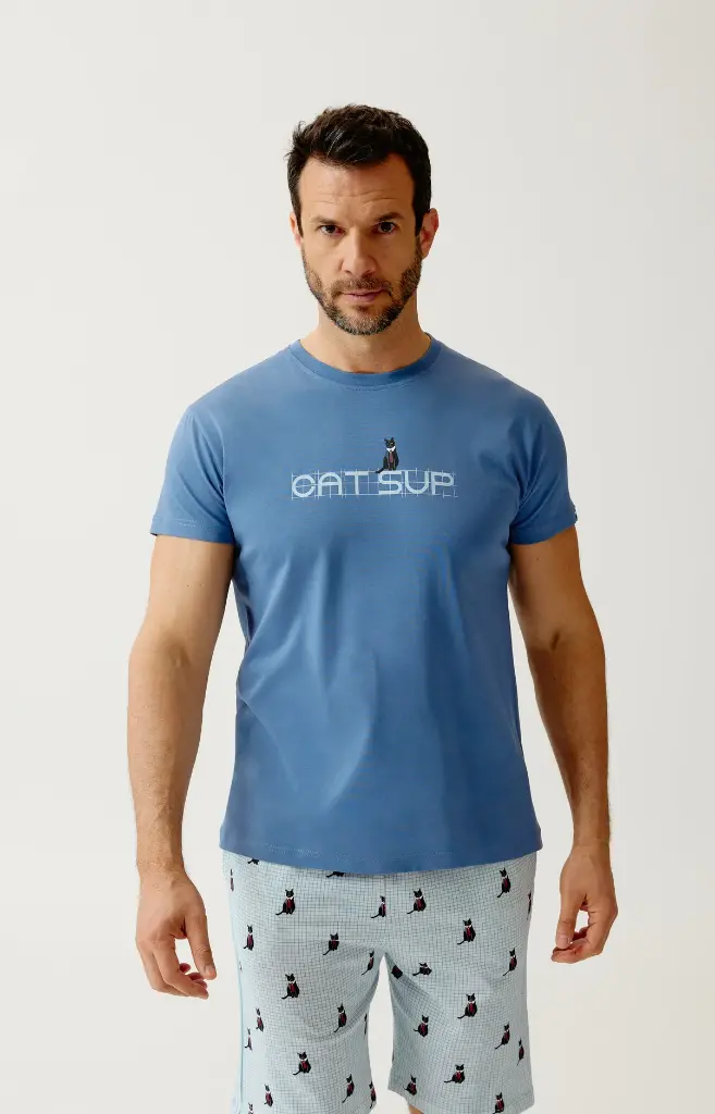 Pyjama short homme 100% coton bio ARTHUR "Cat sup" PAU - Ciel CATSH26