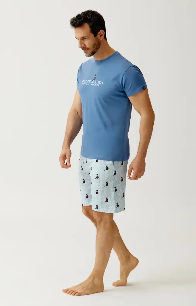 Pyjama short homme 100% coton bio ARTHUR "Cat sup" PAU - Ciel CATSH26