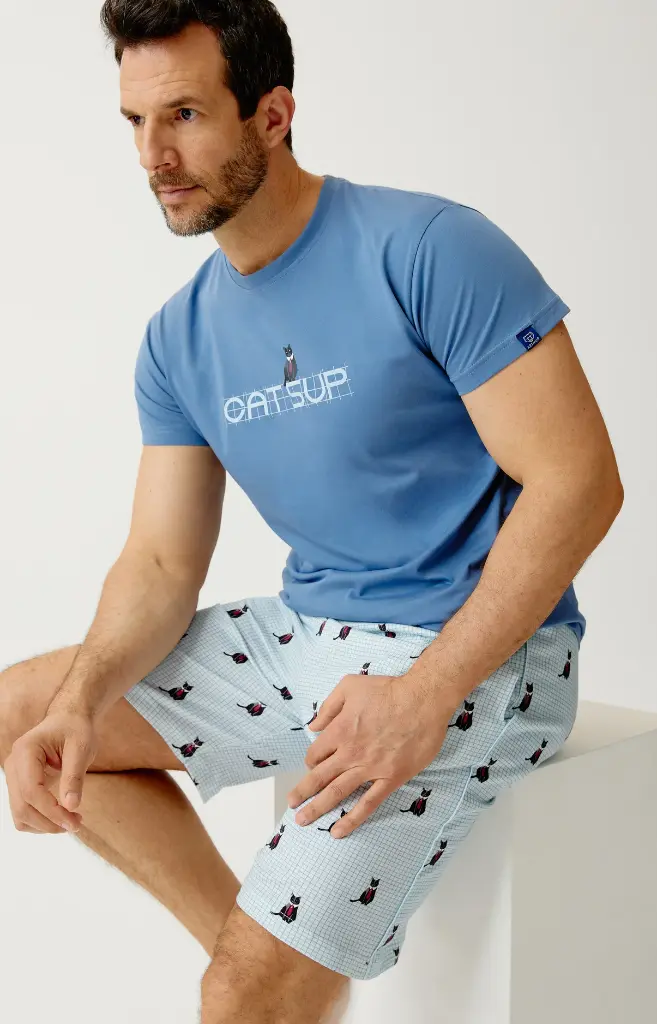 Pyjama short homme 100% coton bio ARTHUR "Cat sup" PAU - Ciel CATSH26