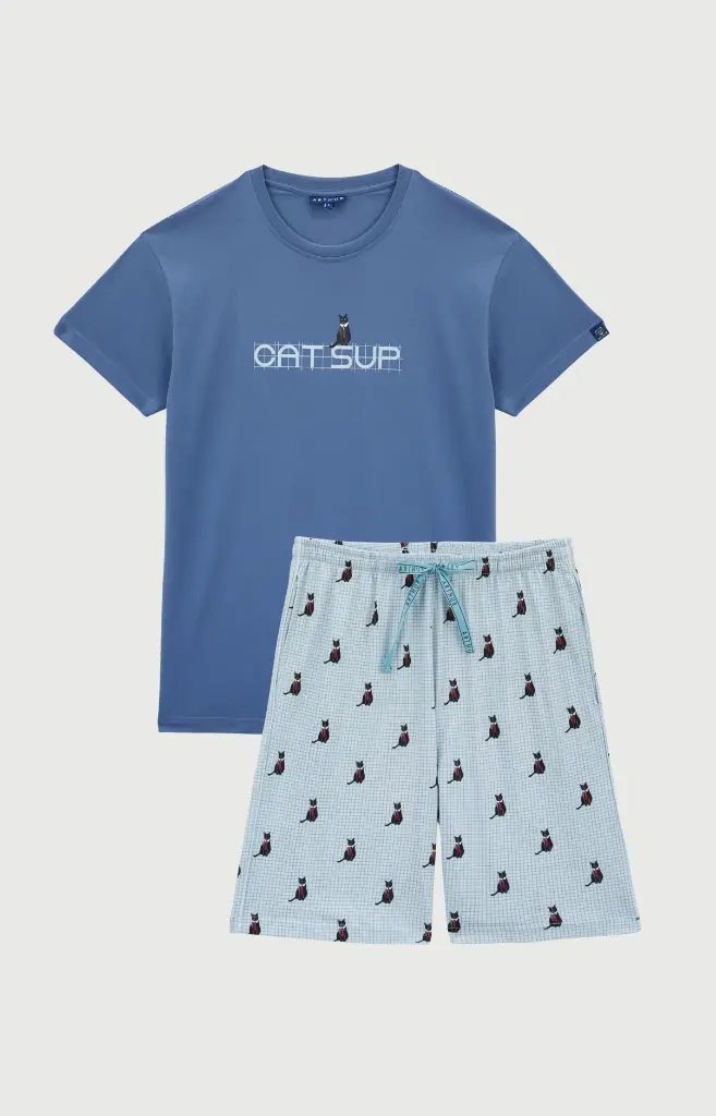 Pyjama short homme 100% coton bio ARTHUR "Cat sup" PAU - Ciel CATSH26