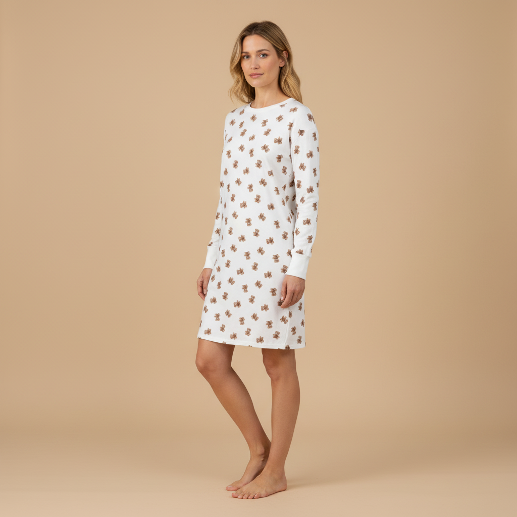 Chemise de Nuit Dame 100% Coton 95cm RINGELLA "À motif ours et poignets tricotés" 6511031 - Champagne 130