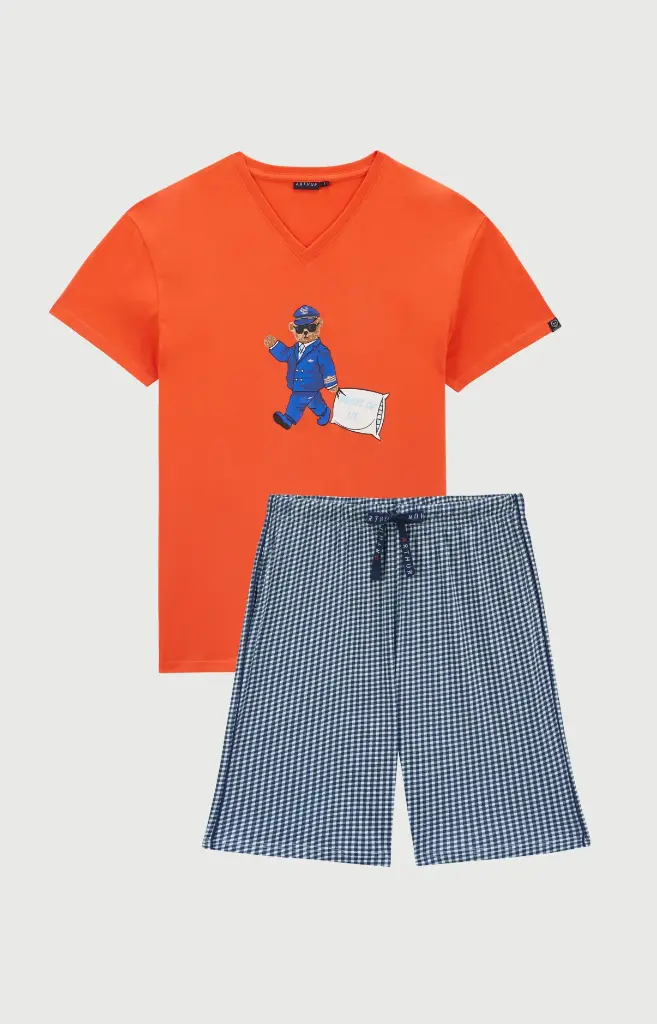 Pyjama short homme 100% coton bio ARTHUR "Pilote de Lit" PAU - Marine PILOH26