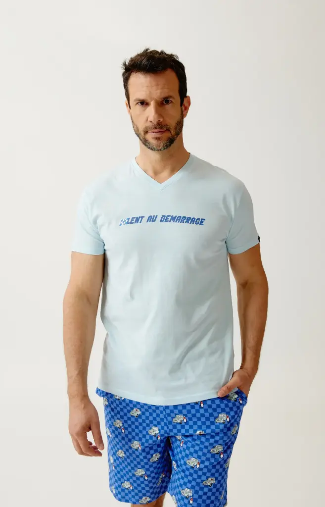 Pyjama short homme 100% coton bio ARTHUR "Lent au démarrage" PAU - Bleu 2CVCH26