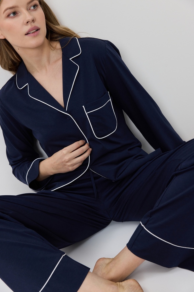 Pyjama dame long boutonné ARUELLE "Lunie" - Deep Blue