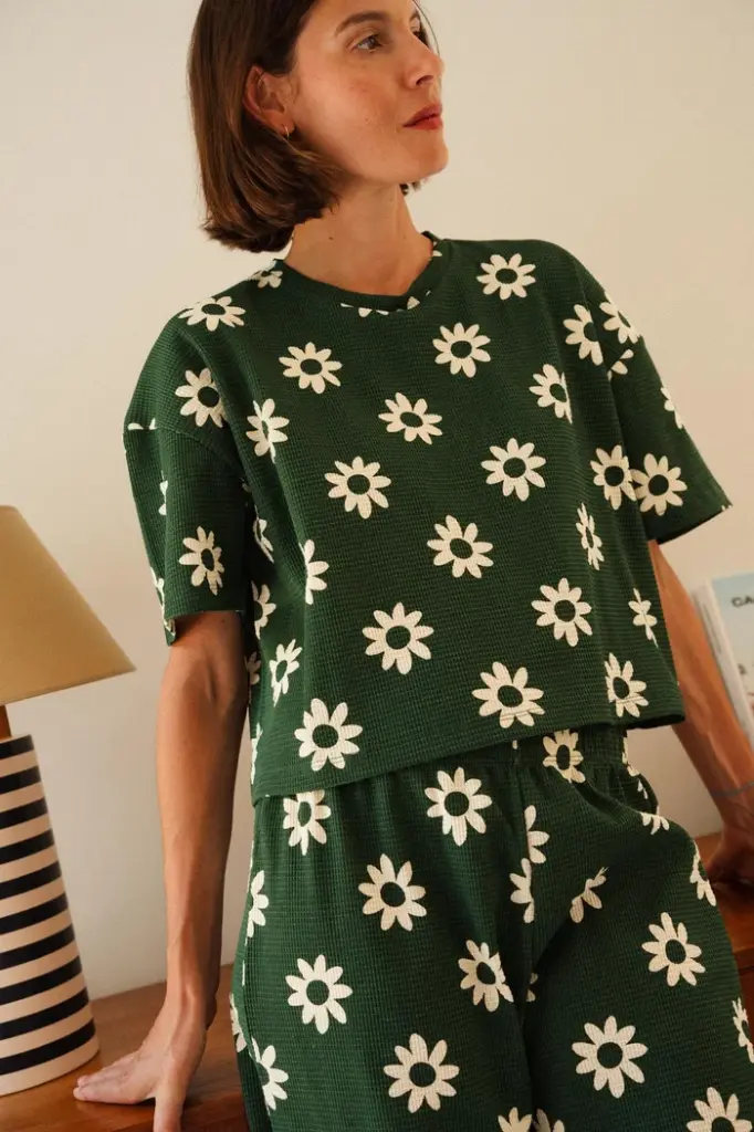 Pyjama long gauffré dame coton bio WE ARE JOLIES "Dahlia Vert"