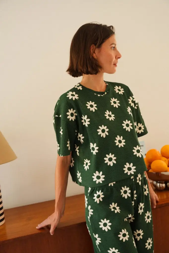 Pyjama long gauffré dame coton bio WE ARE JOLIES "Dahlia Vert"