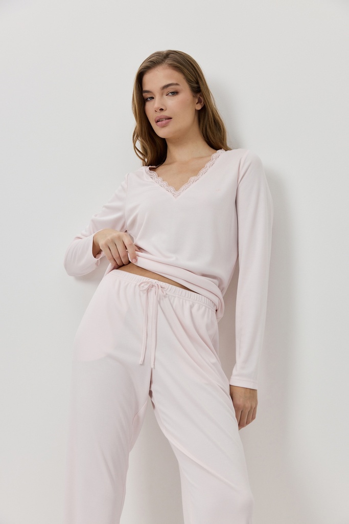 Pyjama dame long col V ARUELLE "Renee" - Pink