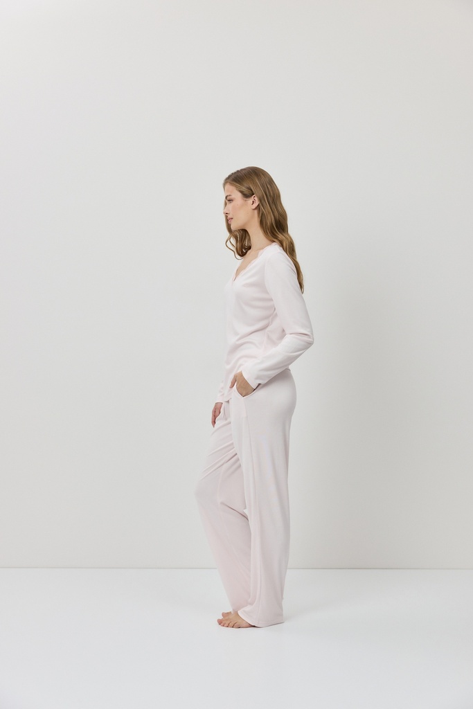 Pyjama dame long col V ARUELLE "Renee" - Pink