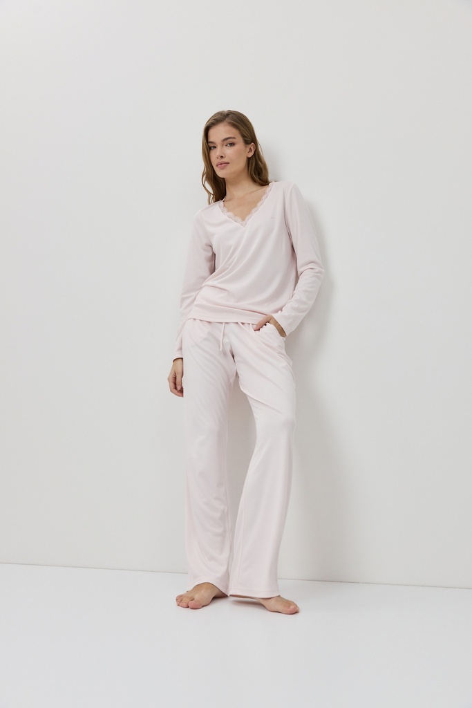 Pyjama dame long col V ARUELLE "Renee" - Pink