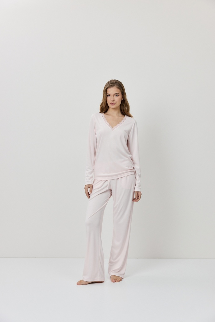Pyjama dame long col V ARUELLE "Renee" - Pink