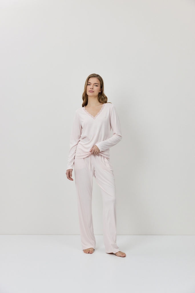 Pyjama dame long col V ARUELLE "Renee" - Pink