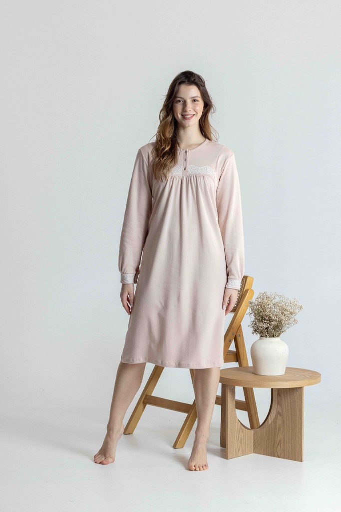 Chemise de nuit longue dame avec patte de boutonnage MIRA 3369MW - Ecru 09