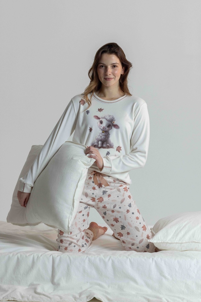 Pyjama long et doux dame "Agneau" MIRA 8566MW - Ecru 07