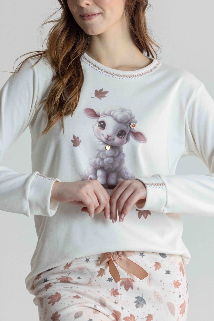 Pyjama long et doux dame "Agneau" MIRA 8566MW - Ecru 07