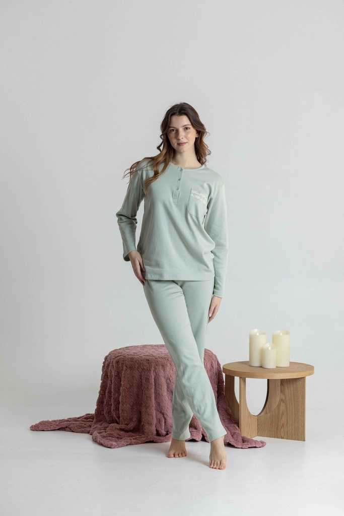 Pyjama long et doux dame avec patte de boutonnage MIRA 8551MW - Bleu Ciel 03