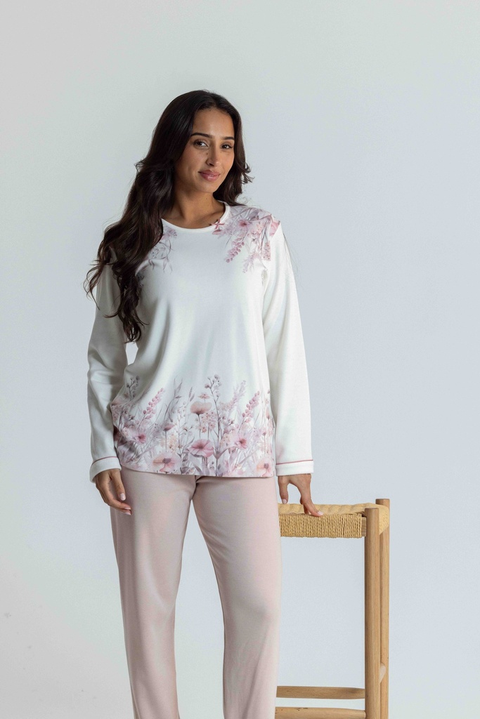 Pyjama long et doux dame MIRA 8552MW - Ecru et rose 02
