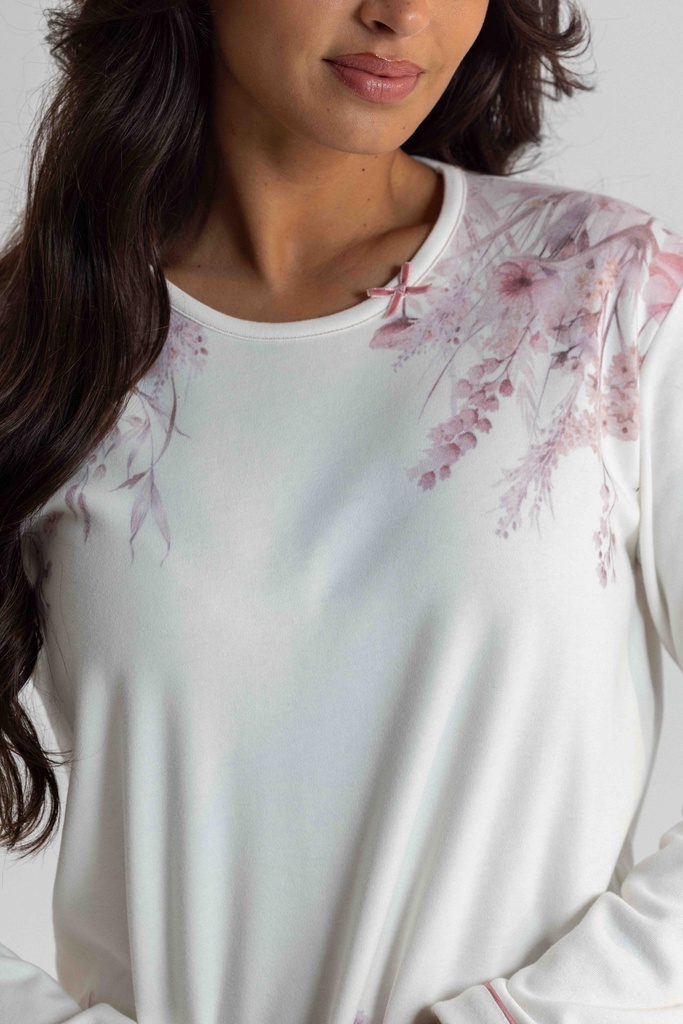 Pyjama long et doux dame MIRA 8552MW - Ecru et rose 02
