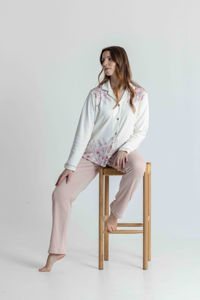 Pyjama long et doux avec boutons dame MIRA 8567MW - Ecru et rose 02