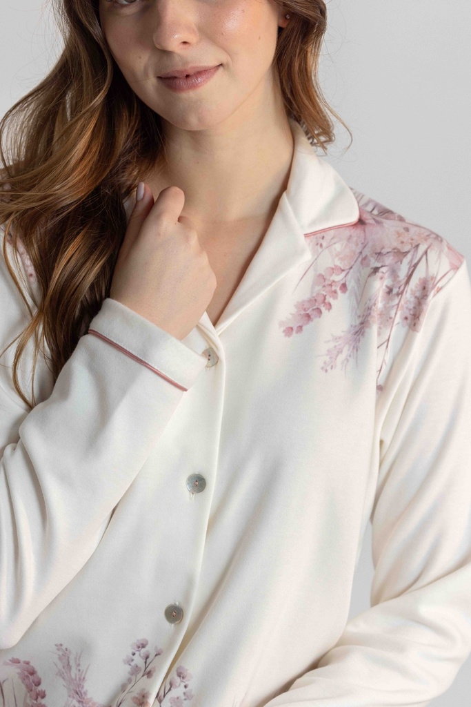 Pyjama long et doux avec boutons dame MIRA 8567MW - Ecru et rose 02