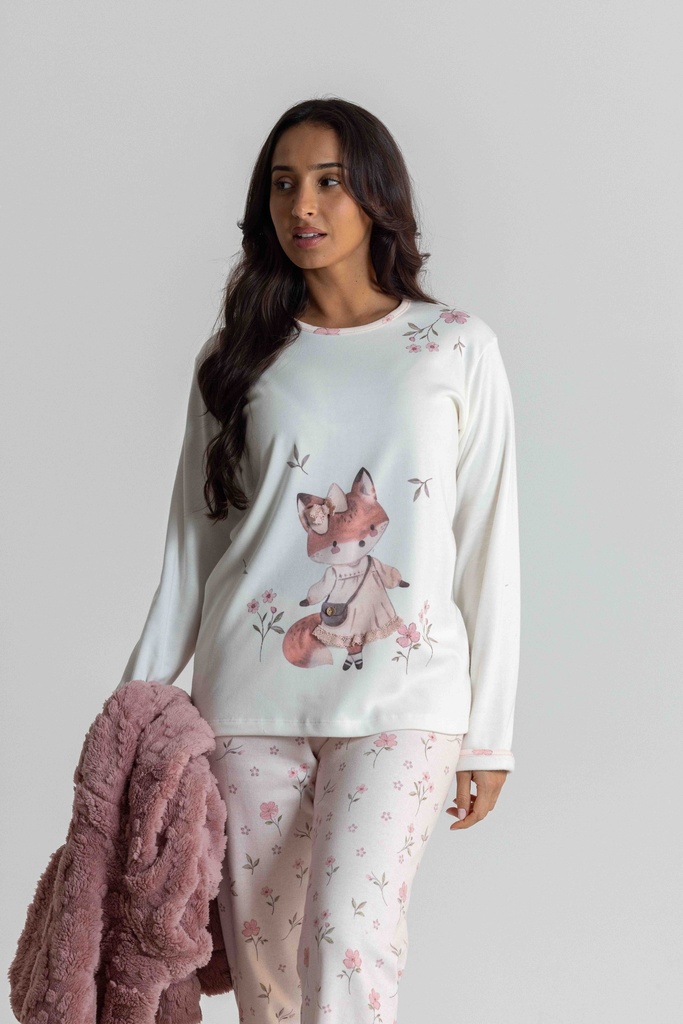 Pyjama long et doux dame MIRA "Renardeau" 8560MW - Ecru et rose 02