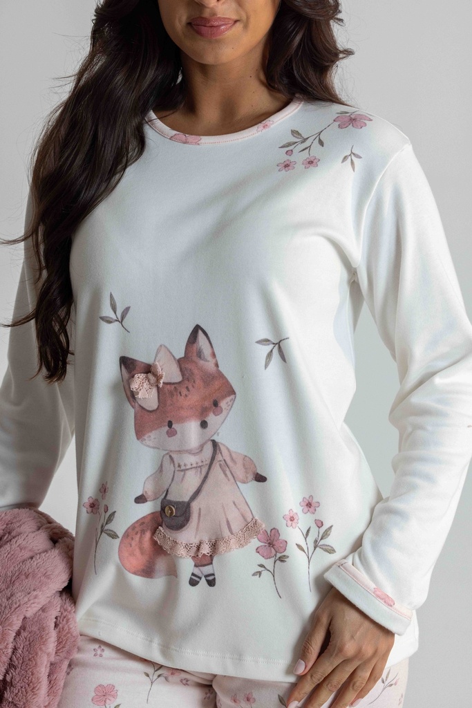 Pyjama long et doux dame MIRA "Renardeau" 8560MW - Ecru et rose 02