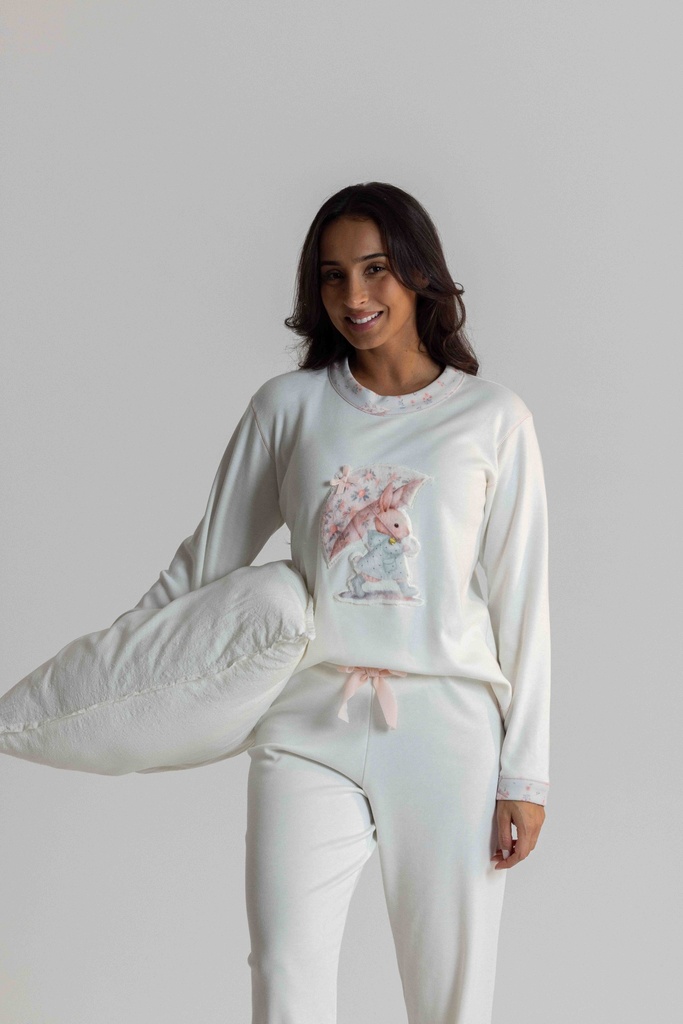 Pyjama long et doux dame MIRA 8555MW "Lapereau" - Ecru 09