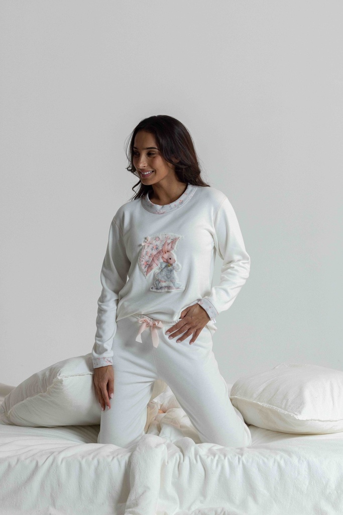 Pyjama long et doux dame MIRA 8555MW "Lapereau" - Ecru 09
