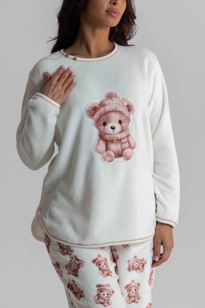 Pyjama long et doux dame "Teddy bear" MIRA 8573MW - Ecru 09
