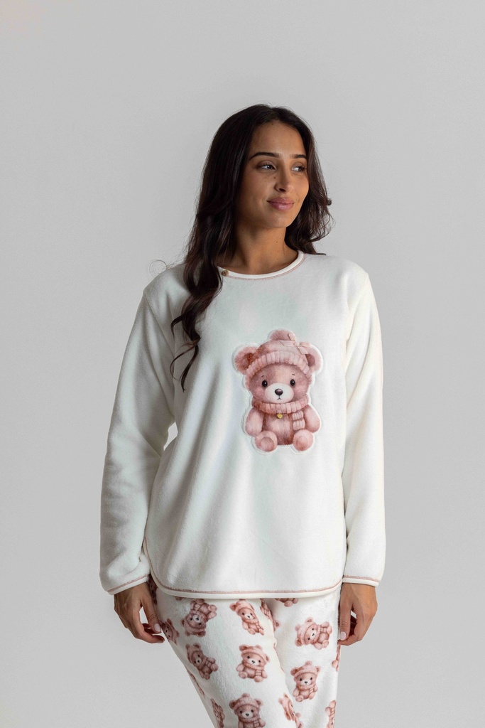 Pyjama long et doux dame "Teddy bear" MIRA 8573MW - Ecru 09