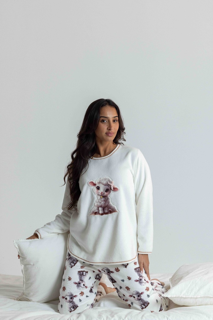 Pyjama long et doux dame "Agneau" MIRA 8573MW - Ecru 07