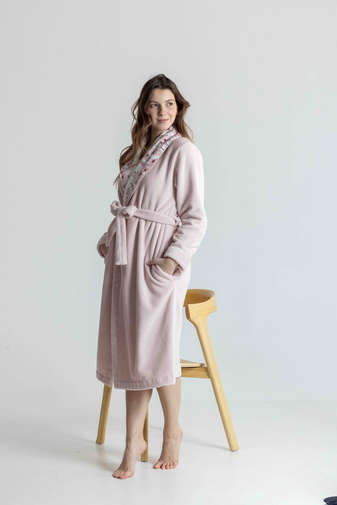 Peignoir long et doux dame "Fleurs" MIRA 9143MW - Rose 02