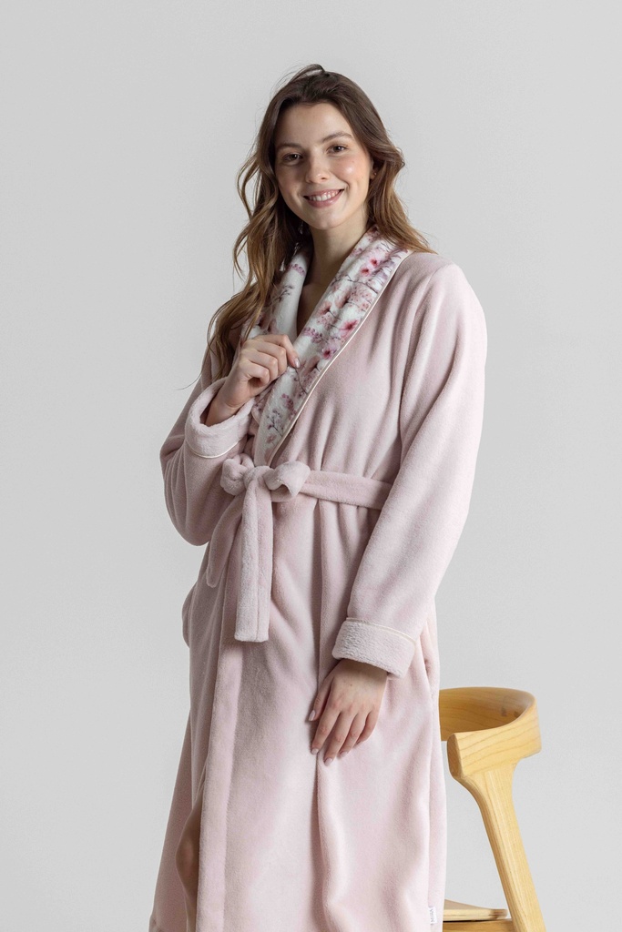 Peignoir long et doux dame "Fleurs" MIRA 9143MW - Rose 02
