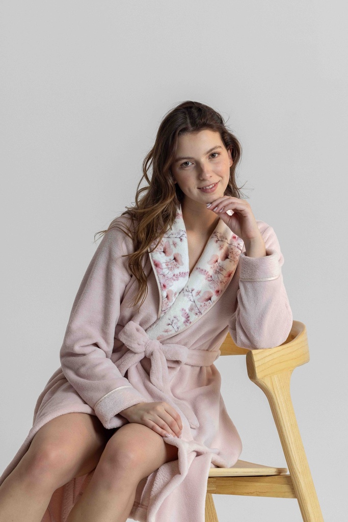 Peignoir long et doux dame "Fleurs" MIRA 9143MW - Rose 02