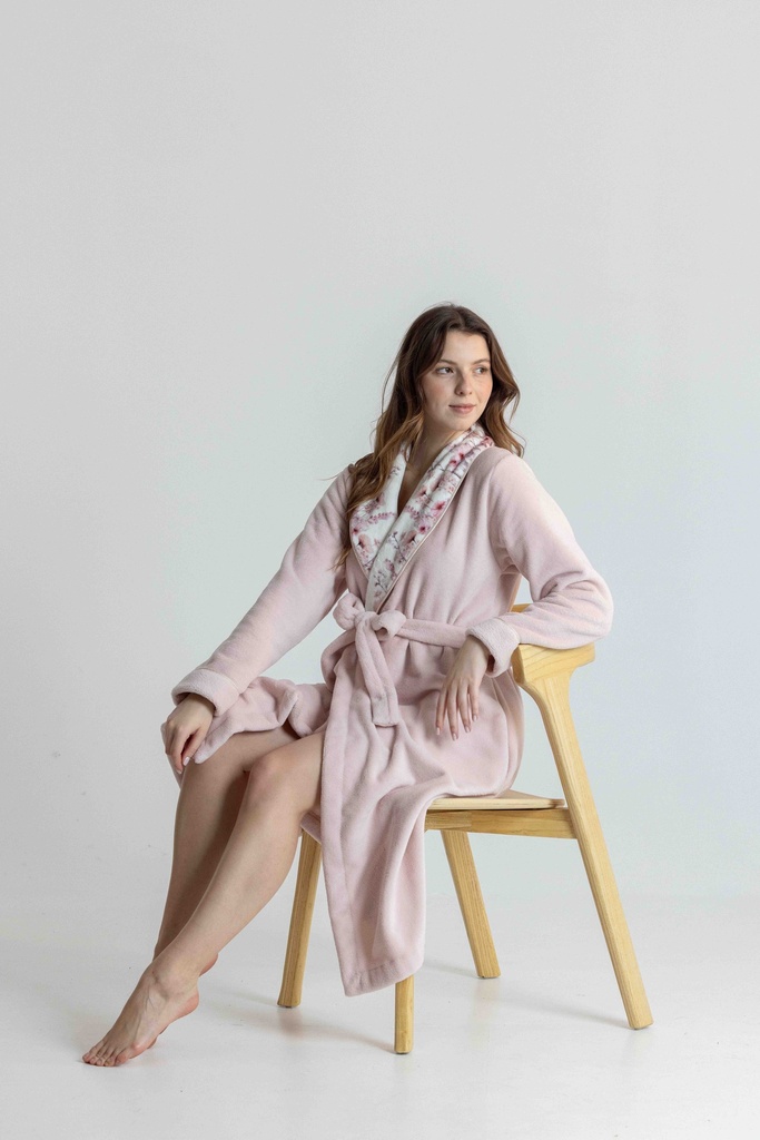 Peignoir long et doux dame "Fleurs" MIRA 9143MW - Rose 02