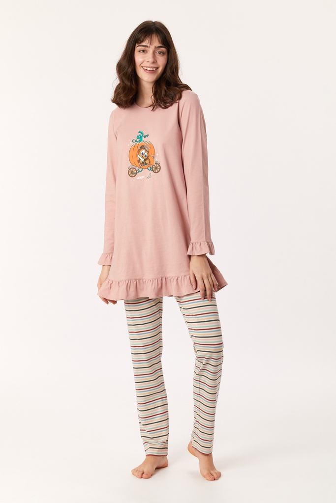 Pyjama long femme WOODY 222-1-TUL-S - Rose et rayé 360