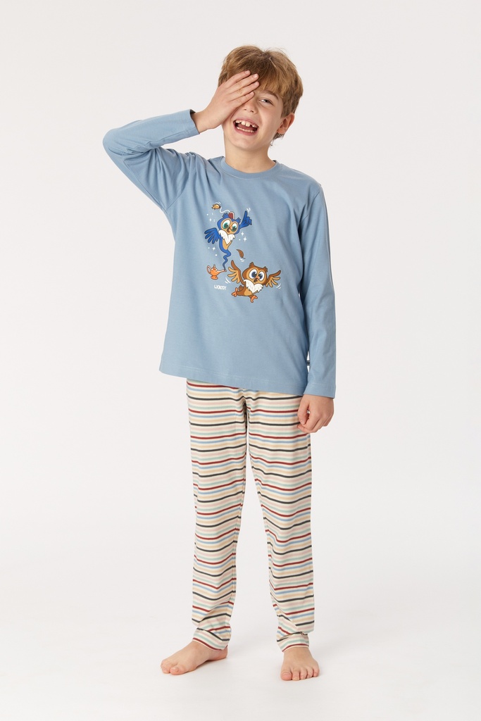 Pyjama long unisexe enfant WOODY 222-1-PLS-S - Bleu denim et rayé 819