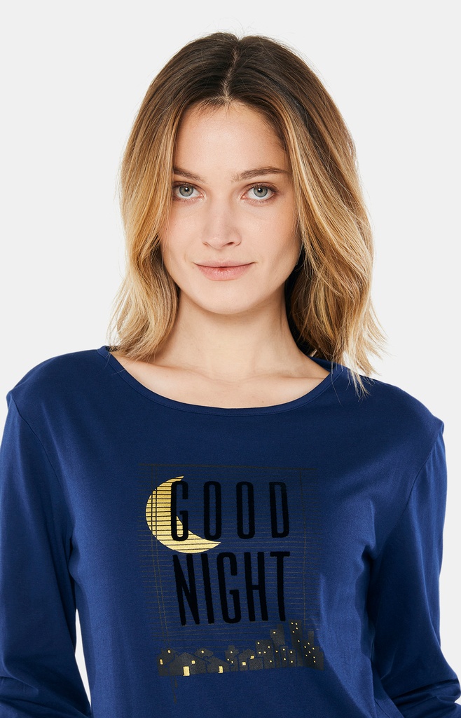 Pyjama long femme coton bio ARTHUR "Good Night" BAH - Marine GOODH22