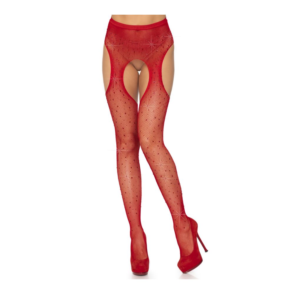 Bas sexy résille et strass effet porte jarretelle LEG AVENUE 9108 - Rouge 003