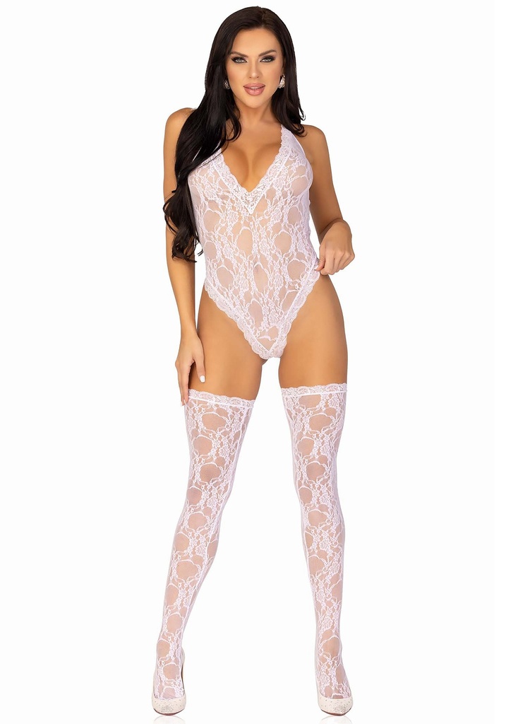 Body dentelle décolleté profond & bas LEG AVENUE 81484 - Blanc 002