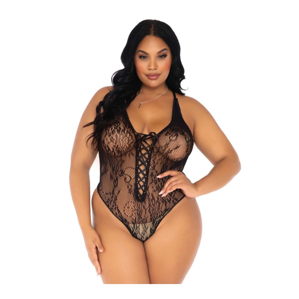 Body string tout dentelle ultra sexy laçage à l'entre seins - Plus size - LEG AVENUE 89248X - Noir 001