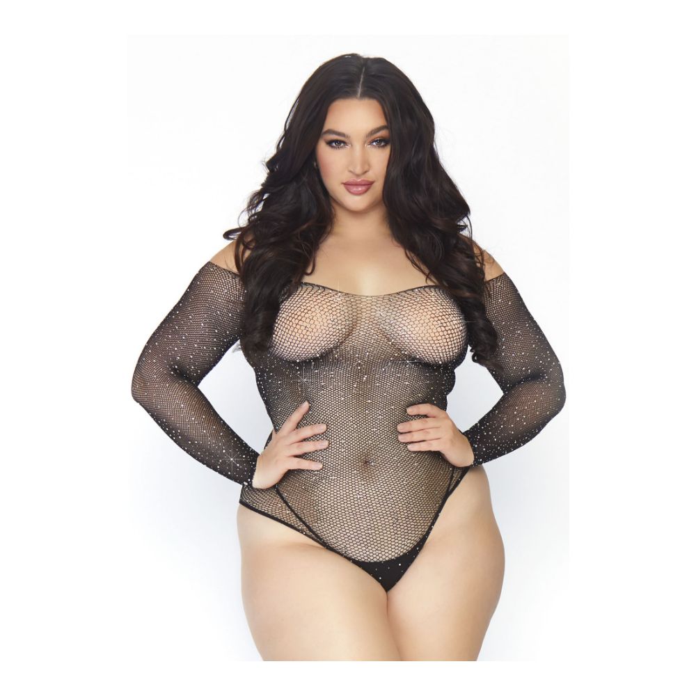 Body string transparent résille et strass - Plus Size - LEG AVENUE 89231X - Noir 001