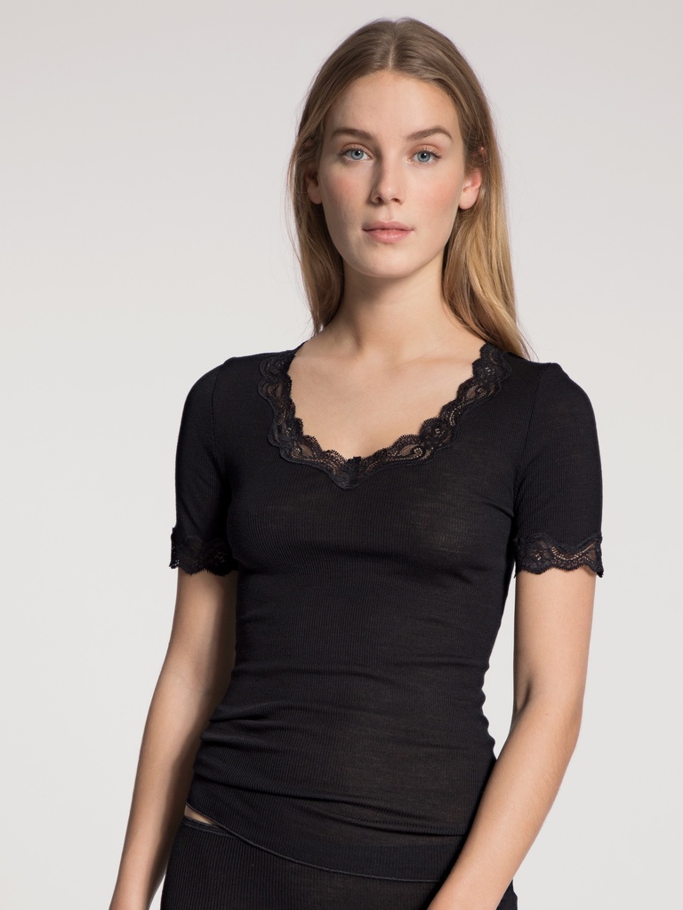 Chemisette manches courtes dentelle laine & soie CALIDA "Richesse Lace" 14990 - Noir 996 (XS)