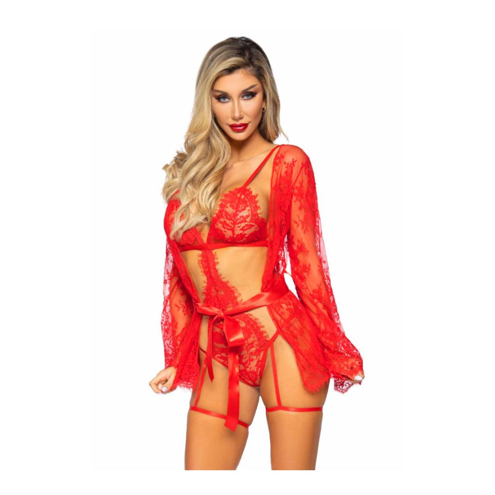 Body string & porte jarretelle & kimono en dentelle sexy - 3 pièces - LEG AVENUE 86123 - Rouge 003