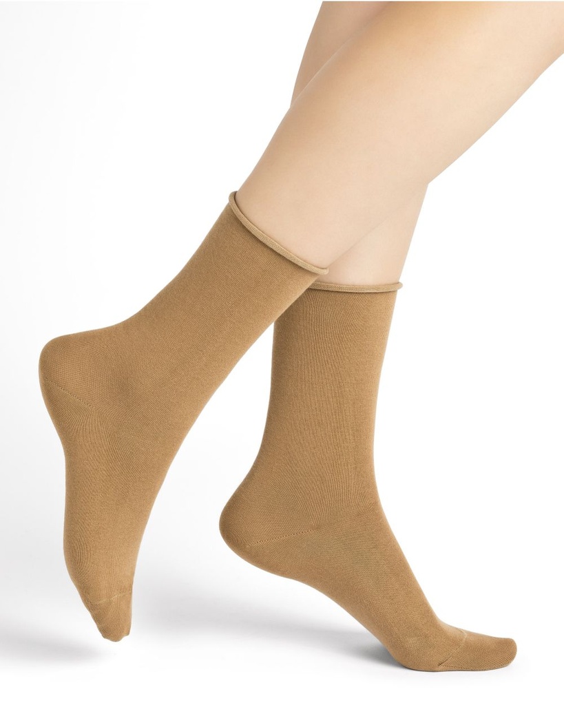 Chaussettes dame bord roulé BLEU FORET "Laine Fine" FBU6700 - Fauve LG8