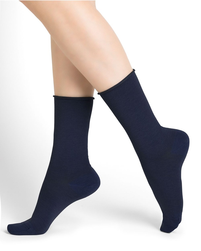Chaussettes dame bord roulé BLEU FORET "Laine Fine" FBU6700 - Marine G9Z