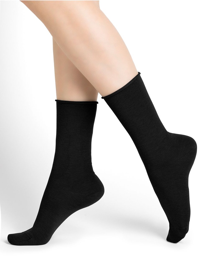 Chaussettes dame bord roulé BLEU FORET "Laine Fine" FBU6700 - Noir AR5