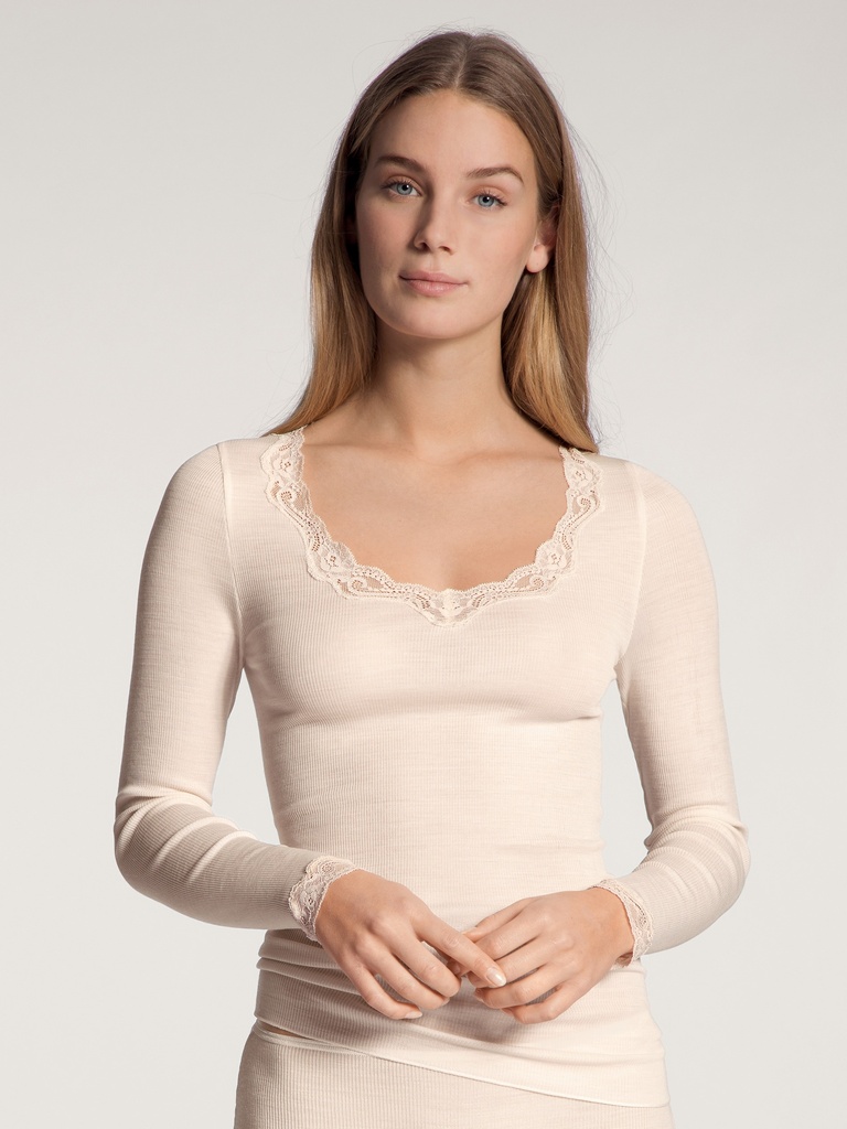 Chemisette manches longues dentelle laine & soie CALIDA "Richesse Lace" 15990 - Light Ivory 090 (XS)