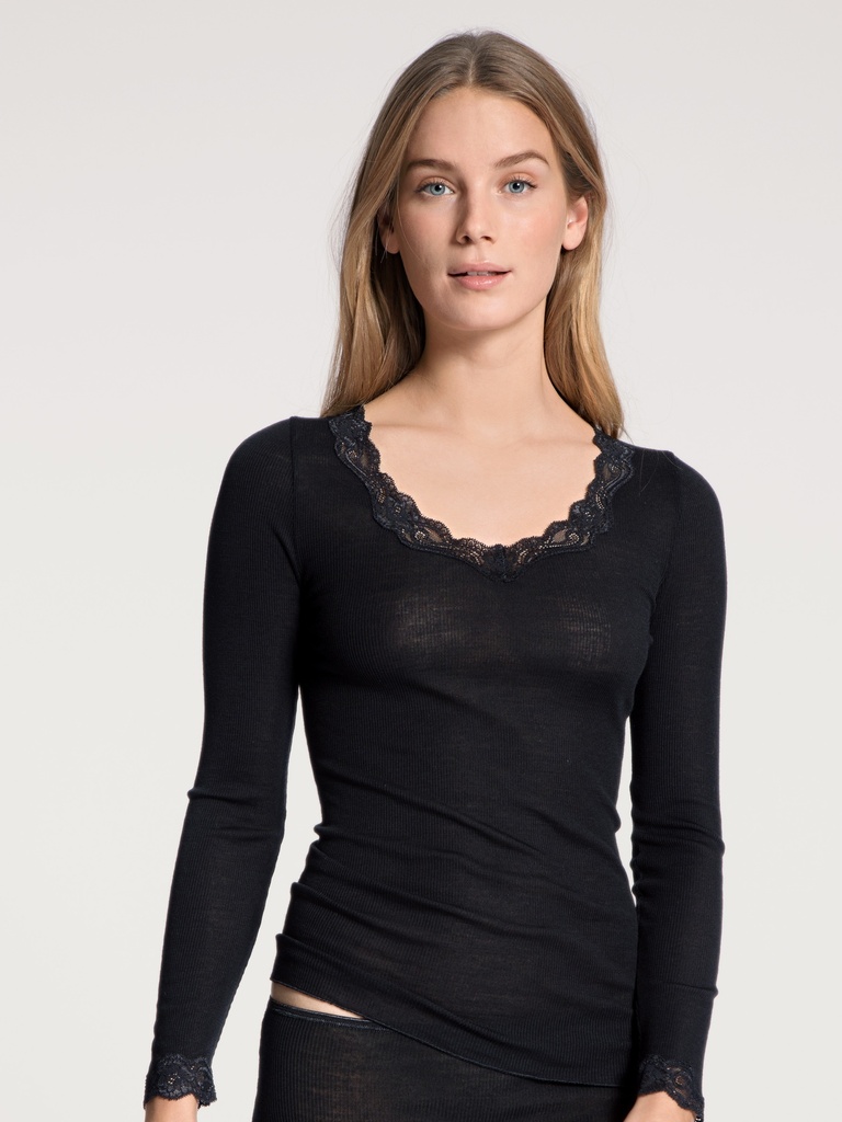 Chemisette manches longues dentelle laine & soie CALIDA "Richesse Lace" 15990 - Noir 996 (XS)