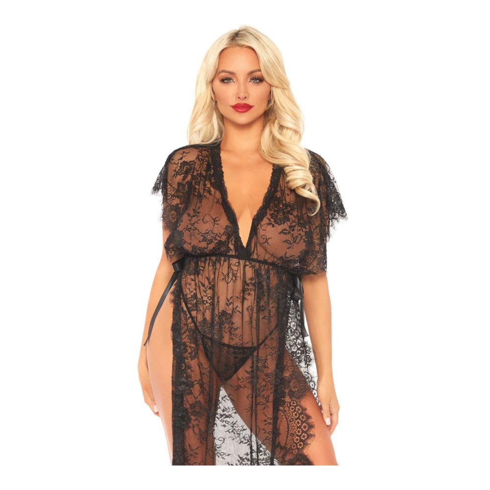 Longue robe fendue en dentelle & string sexy - 2 pièces - LEG AVENUE 86103 - Noir 001 (S/M)
