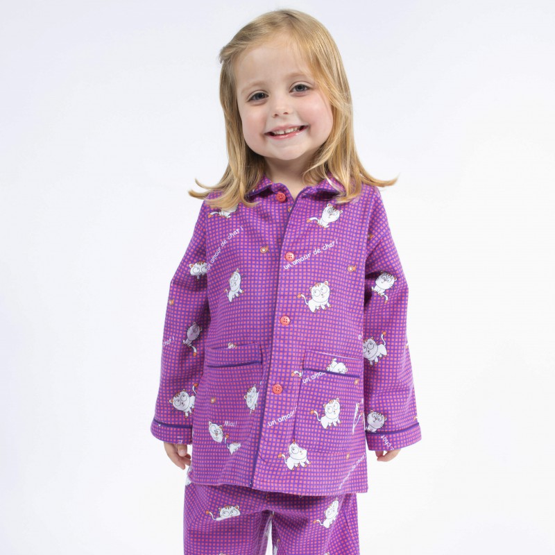 Pyjama  enfant boutonné en pilou JUSQU'AU LEVER DU JOUR - Chat Rose (2ANS)